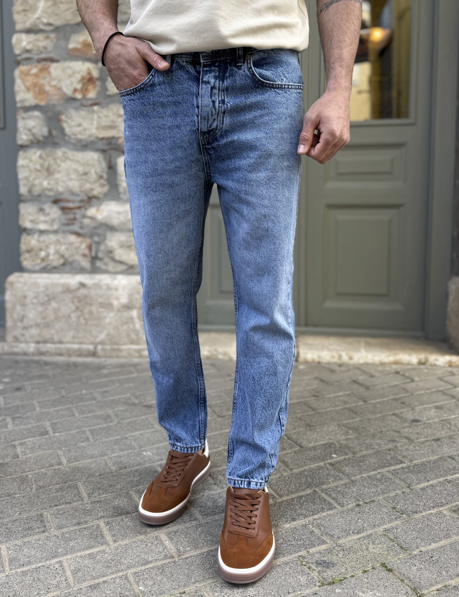 Ανδρικό μπλε σταθερό Loose Jean πεντάτσεπο με κουμπιά BF3027